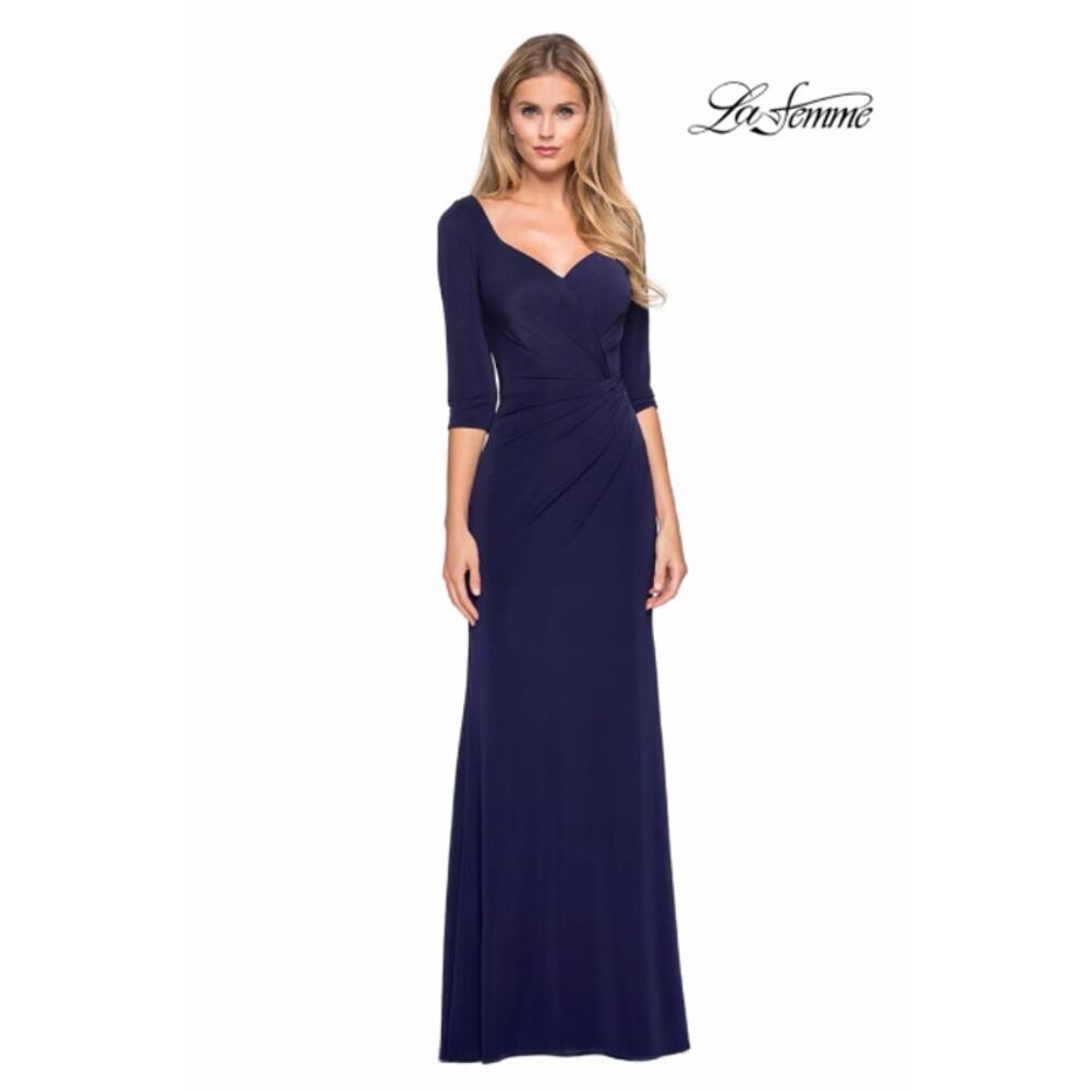 La Femme Navy Blue Maxi Dress with Three-Quarter Sleeves